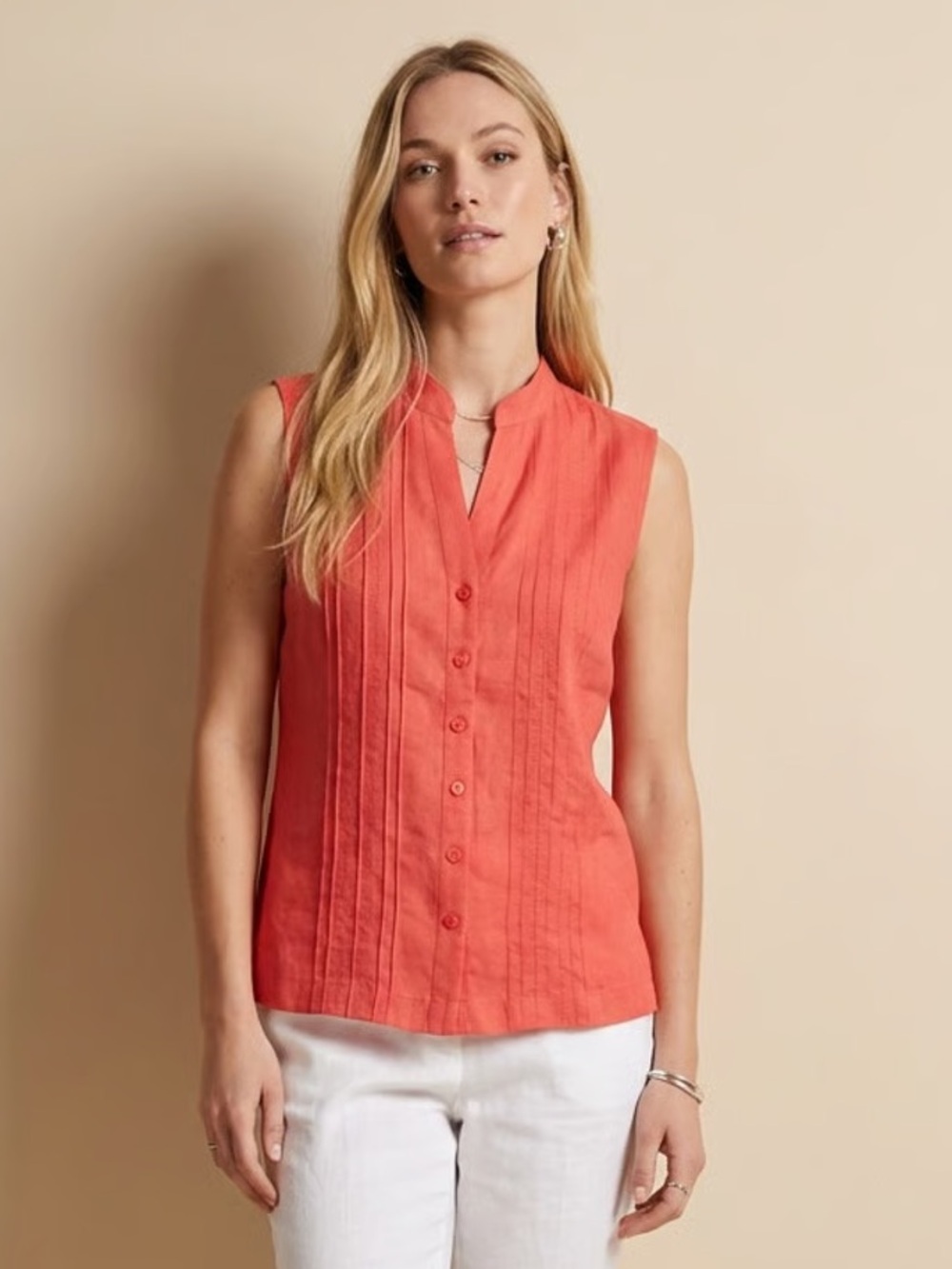 KIM ROGERS Coral 100% Linen Sleeveless Button-Front Shirt Sz M